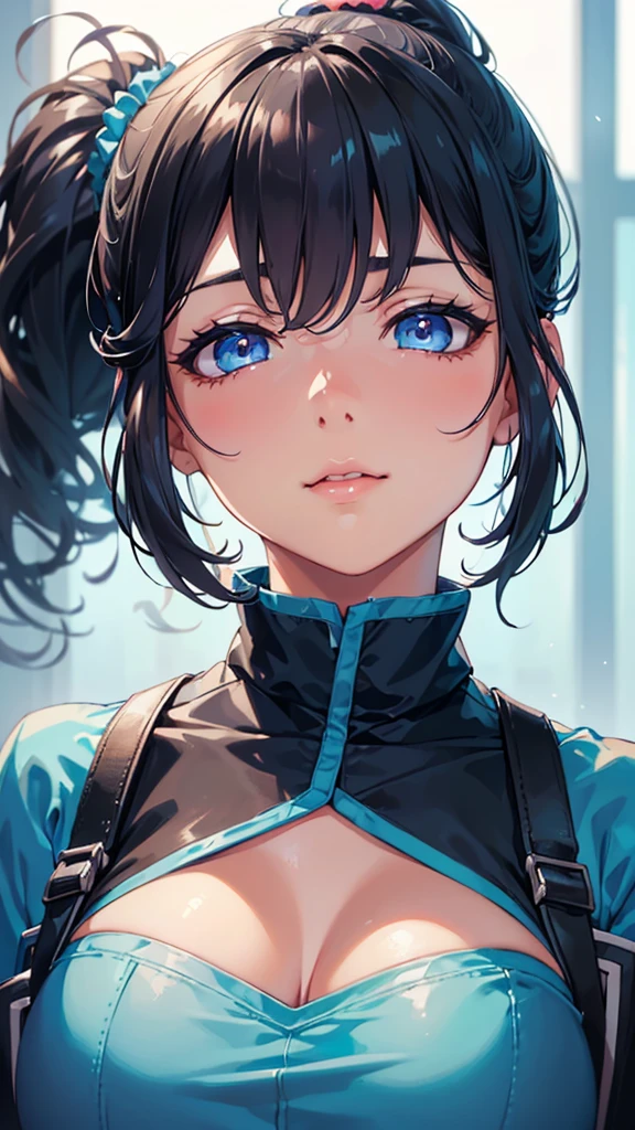 ((short hair, Highest quality, High resolution, Hmph, Pixel perfect, 4K, Hmph, Hmph))), One Girl, single, alone, Beauty、 (( bangs, Black Hair、ponytail、Scrunchie)), ((Big blue eyes, Beautiful eyelashes, Realistic eyes、Double)), ((Detailed smile, )), ((Smooth texture:0.75, Realistic texture:0.65, Realistic:1.1, Anime CG style)), Big Breasts, Perfect body, Light blue spencer jacket、pants