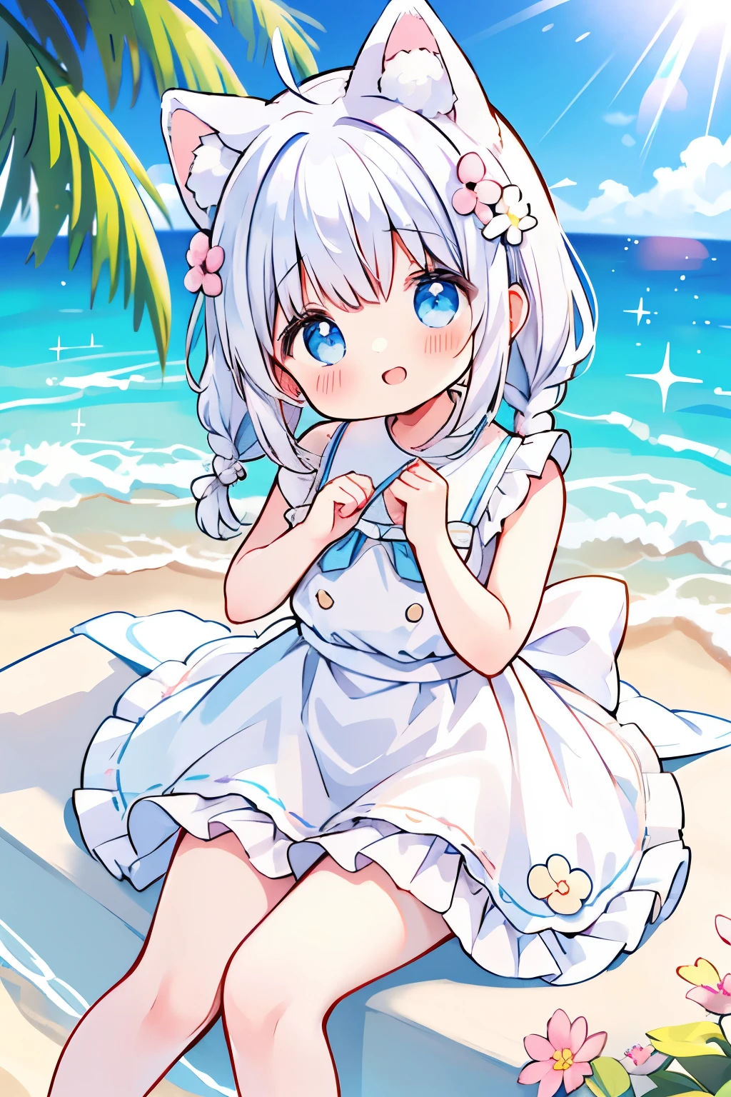 anime、pastel、Cute Asian ???、Small child、、Very short、Baby Face、Laughing with your mouth open、Happy smile、Showing teeth、Double teeth、Indigo and white hair color、Braided Short、Flower Hair Ornaments、(Small animal ears、drooping animal ears)、Fluffy animal tails、Blue eyes、Blue eyes、Odd Eye、Cute eyes、Wide open eyes、Clear eyes、Cheeky cheeks、White sleeveless skirt、Pure white dress、Skirts with ruffles、Put your arm out、Put your feet up、Plump thighs、Cute Girlfriend、happy、really like、Frolic innocently、Heart on screen、Pear-shaped、The light shines through、sit、Colorful flowers、barefoot、beach