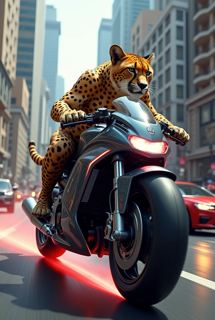 Cheetah driving pulsar bike on the busy road