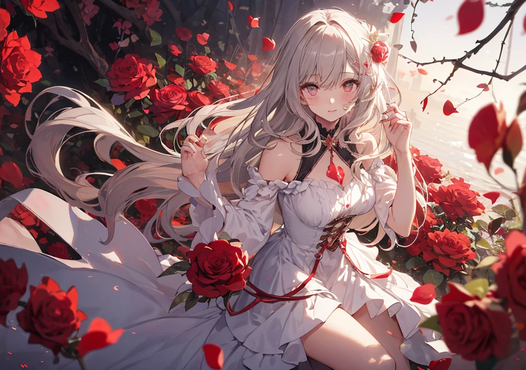 A beautiful girl with a translucent look is wrapped in red rose petals. Her silver blonde hair and white dress are illuminated by soft light, making her seem as if she is in a fantasy. In the background, pale pink and red roses are blooming in full light