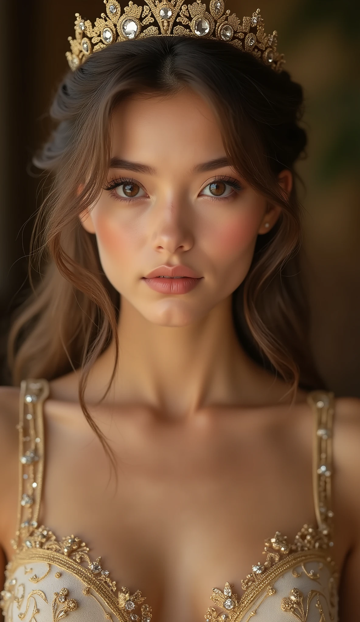 lovely princess woman, 18yo, charming, unique, individual, distinctive face, sexy, mysterious, touching, innocent, peaceful, soothing, cleavage, radiant, elegant, noble, gold, jewels, youth, irreplaceable