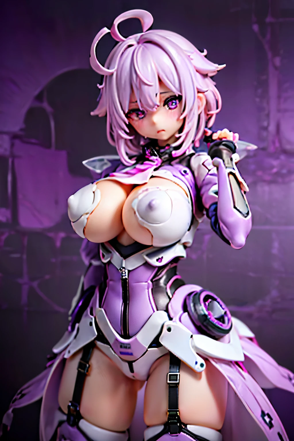 NSFW,(((masterpiece,Highest quality,Clear contours,My hair is messy,One person,))),
((Melancholic expression,blush,Purple Eyes,Big Breasts)),
(Short Hair,Light purple hair,Very large ahoge,Standing pose),
Black open jacket,Ridiculous Cyber Outfits,