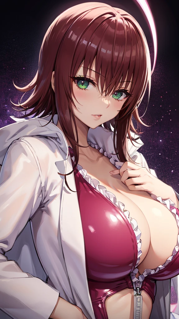 Erotic,Tolve　Gomon、Shortcuts、 Big Breasts、White open duffle coat,Pink latex racing swimsuit、Female Spy、Black Background、Dimly lit bedroom , Evil、 Erotic Sneer、Lightly open your mouth、Upper Body