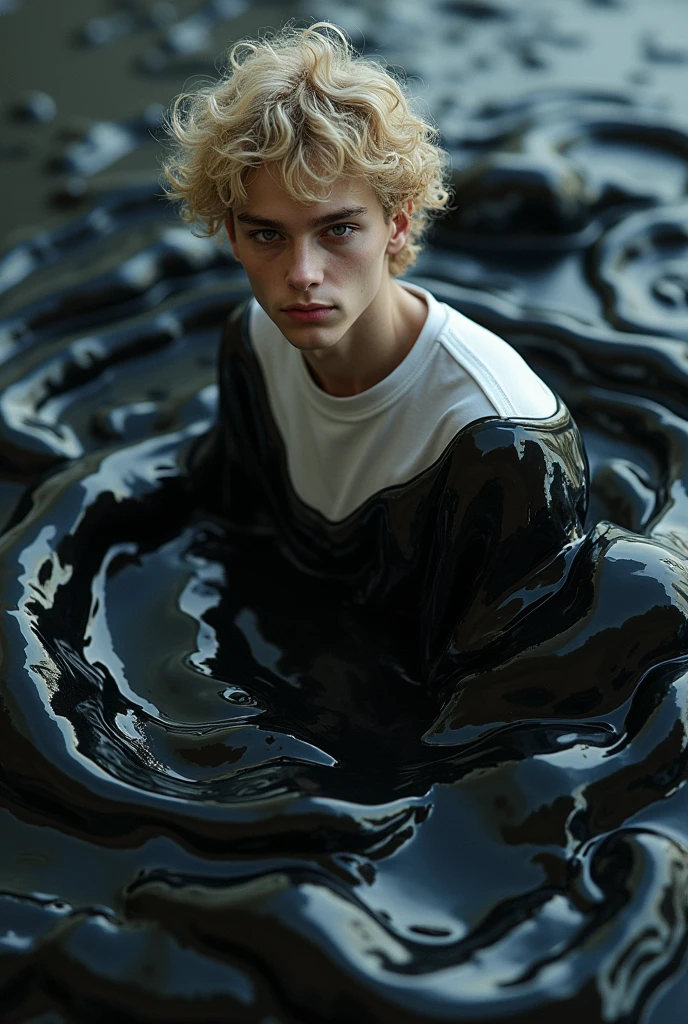 A white-skinned male teenager with curly blond hair, wearing a white sweatshirt and around it and on the body a black slime