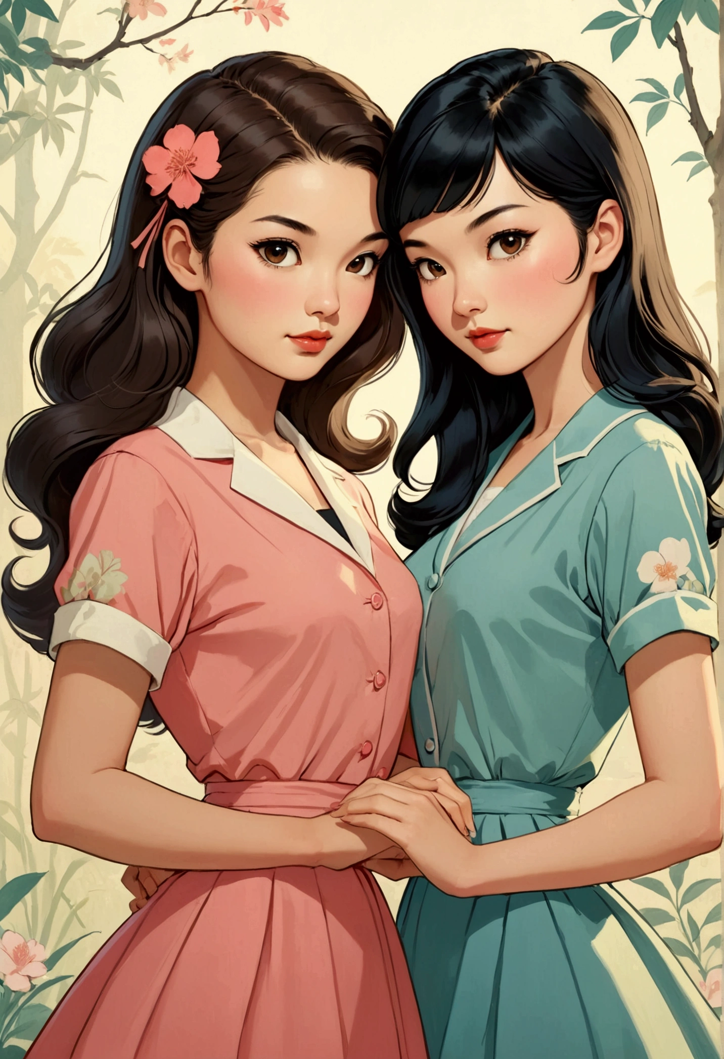 Two beautiful women in love, in a tender attitude towards each other, Sarah Kay style, one British, with semi-short light brown hair, and the other woman with delicate Asian features, with long black hair, both dressed in a 50s style.