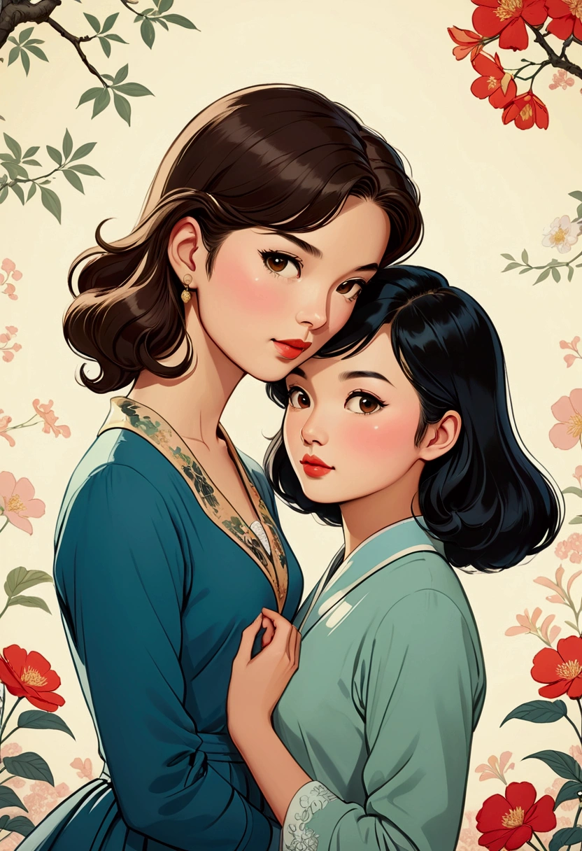 Two beautiful women in love, in a tender attitude towards each other, Sarah Kay style, one British, with semi-short light brown hair, and the other woman with delicate Asian features, with long black hair, both dressed in a 50s style.