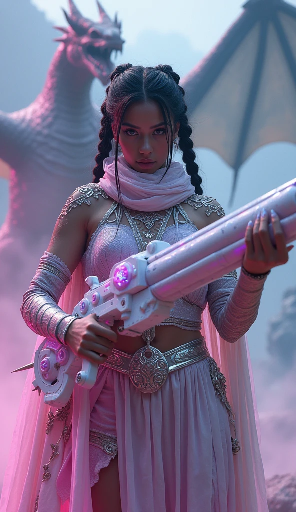 a dark, imposing Indonesian women clad in pastel dragon girl costumes, Celtic braided hairstyles, ripped scarf, slime, shimmering lights, dragon in background, whirls of vapor, iridescent textures, dragon scales, dragon horns, dragon wings, translucent scales, soft neon pink light, ethereal ambiance, epic pose. wielding an enormous, highly detailed mechanical weapon. The weapon is a gigantic white futuristic excavation saw-like heavy Cannon with purple accents, covered in intricate mechanical parts, translucent pink tube and wiring, gears, and spikes, giving it a menacing appearance. dynamic angle, cinematic