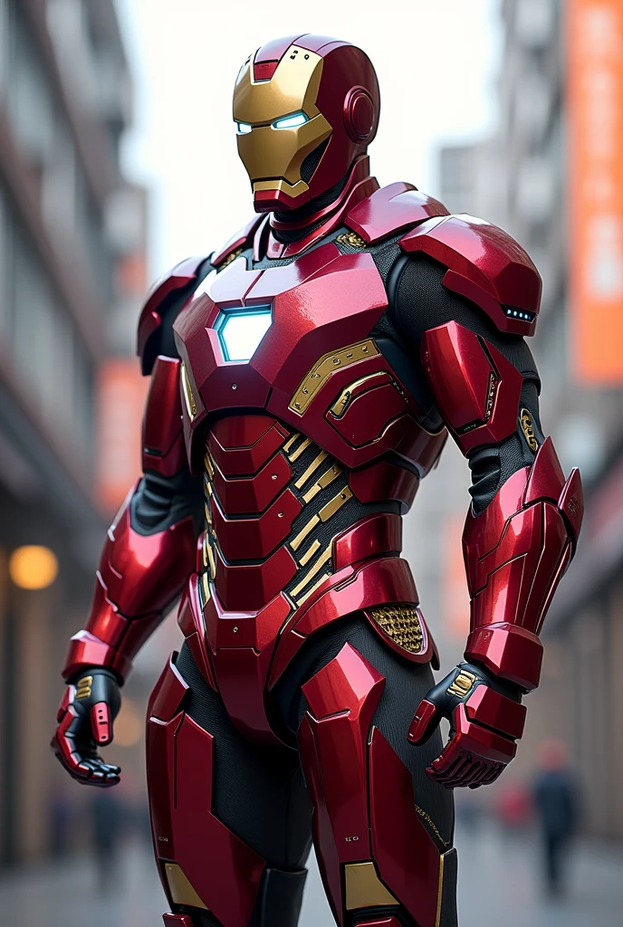 Avengers Endgame iron man but the suit is samurai red cyber with alot of details on the suit in a full armor of a samurai. Make it hyper realistic