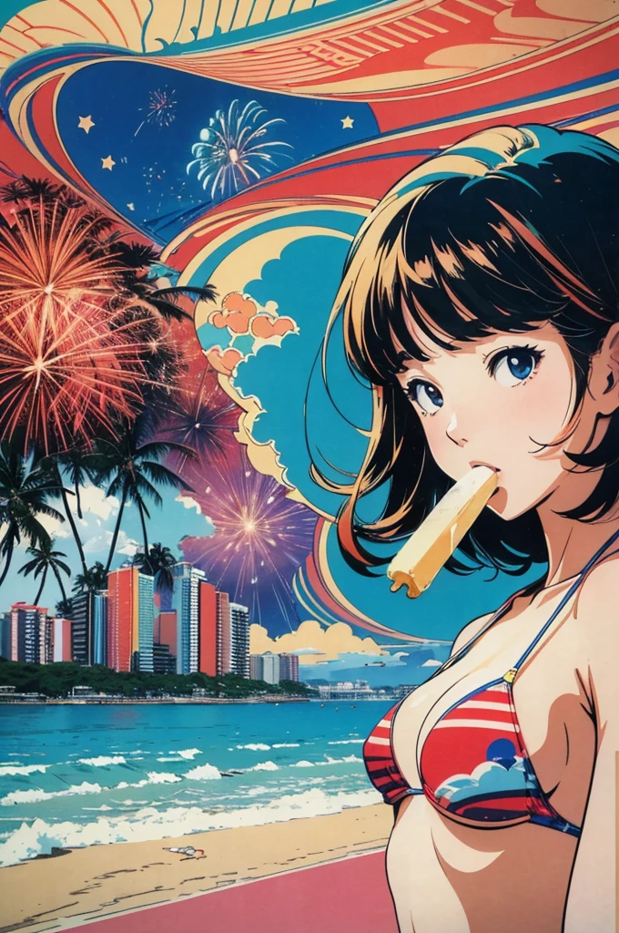 (masterpiece, best quality,ultra highres),flat color,(messy collage art),(japanese cutie, ice-lolly,beach,firework , bikini),nostalgic melancholic artwork,lofi girl, cmyk palette, illustration by hiroshi nagai,artistic collage,