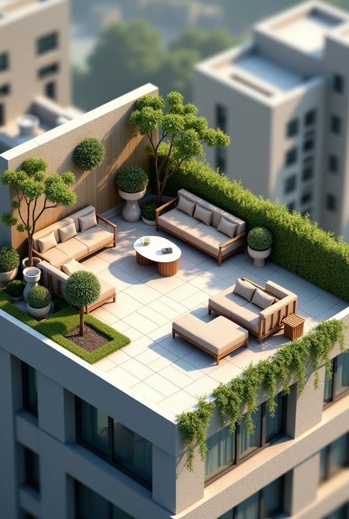 Create an isometric view of an architectural plan, of a roof top, Containing furniture such as sofas, Chairs, tables and decorative vegetation