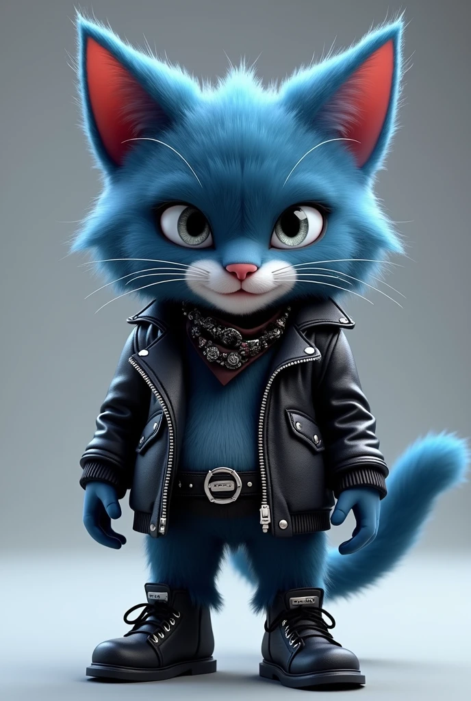 A C4D model, chibi-style humanoid cat, with midnight blue fur, dressed in a black leather jacket with a bandana around its neck. The cat has sharp silver eyes, a confident smirk, and wears tiny black boots with silver studs, giving it a cool, rocker vibe.