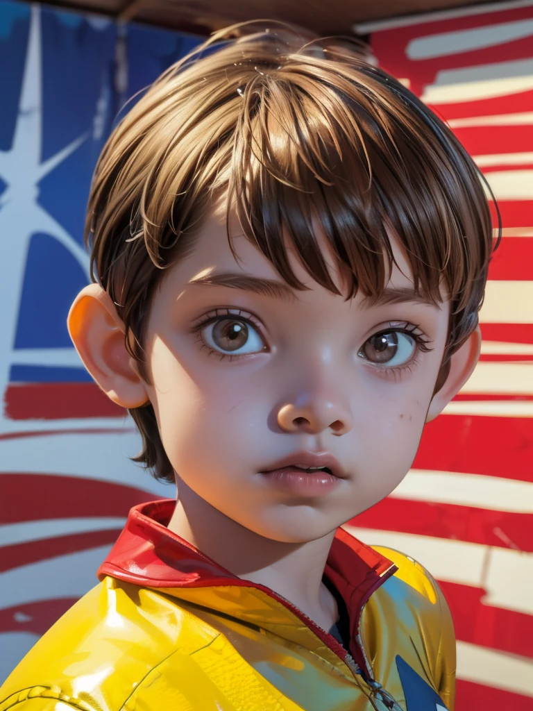 Cinematic Cartoon style. Comic art. TME0224 face, (((a boy, ***))) in a funny night, brown eyes, (((wearing a American captain costume))). (((Comic abstract background))). cinematic lighting, drop shadow, masterpiece, UHD, anatomically correct, textured skin, super detail, high details, high quality, best quality, 4K