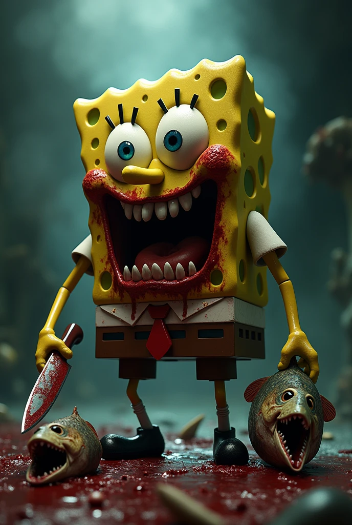  I want to create a Sponge Bob with sharp teeth, blood all over his body and a knife in his hand and a lot of blood, much scarier, much scarier with sharper teeth, more blood and a head covered in blood and Sponge Bob has a demonic face and exuding an evil aura with a disfigured face and as if he were a demon with a fish head in his mouth and fish bones on the floor. 