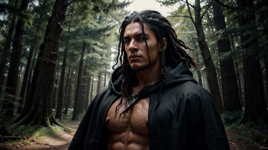 A powerful dark fantasy guardian with a muscular build and light olive complexion. His face is angular with high cheekbones and a strong, squared jawline. His piercing blue eyes, set beneath thick, straight eyebrows, reflect vigilance and authority. He has a straight nose and full lips that convey determination. His hair is short African afro dreads, adding a mystical and commanding presence. He wears a long black coat that reaches up to his feet with a hood. He standing in a mystical, ancient forest with towering, gnarled trees and a faint, eerie glow, radiating an aura of strength and protection.