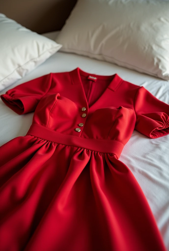 I want an image that portrays a photo taken with a regular camera., This photo is of a bed, on the bed there is a very beautiful and expensive red dress, from the Fendi brand, It is still intact and has never been used before., has a label with the Fendi brand