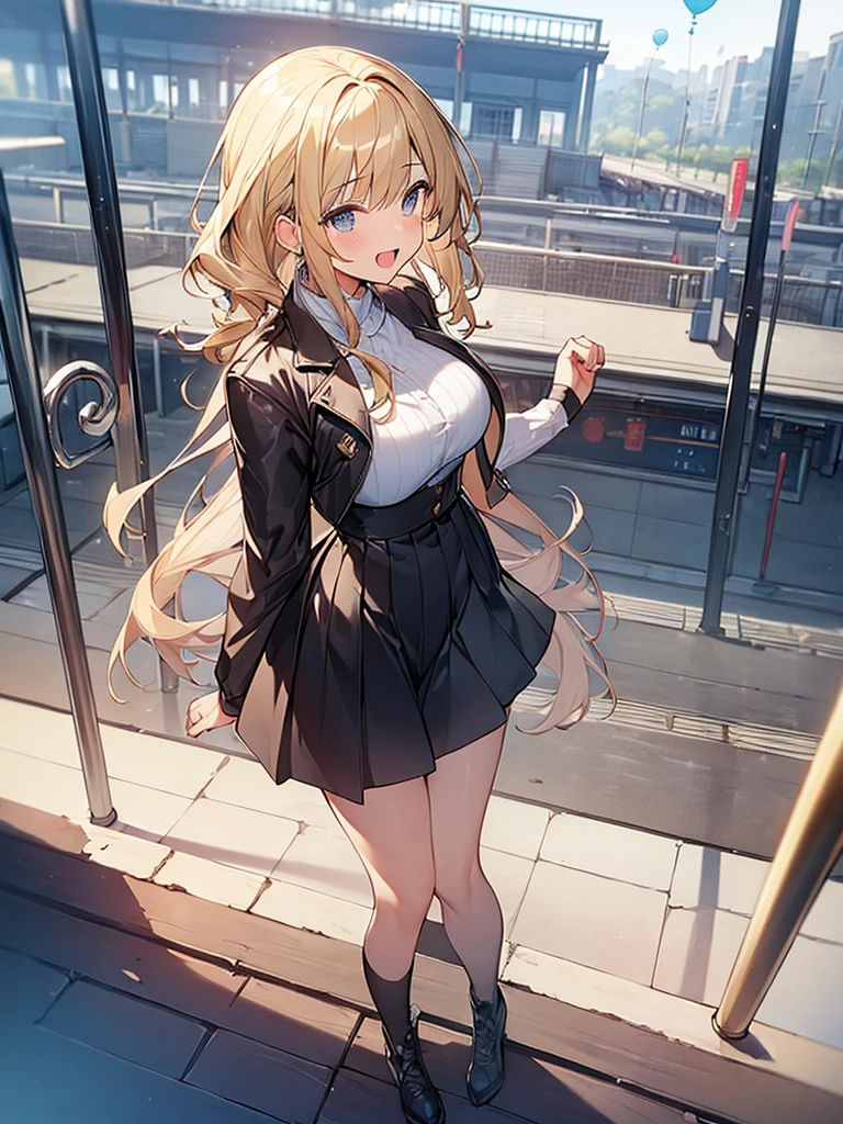 (Masterpiece, Top quality:1.5), full body, (1 beautiful girl, solo:1.2), (short height:1.2), (balloon skirt:1.3), Blonde hair:1.1, medium Hair, wavy Hair, asymmetry bangs, swept bangs, airy hair, large breasts:1.2, smile:1.3, blush, beautiful scene of station platform, magnificent panorama view, blurry background, open mouth, dynamic pose, dynamic angle