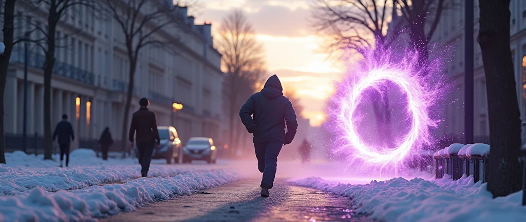 a man running on the avenue masked with a hood, he will enter a portal, the energy portal has purple edges, sunny afternoon with clouds, avenue in France, there is snow in the portal and it is cold, Spark, lensflare, motion-blur, sparks, work of art, uhd,ultra detailed, multiple characters, flying papers, fluidity of movements, broken glass in high detail, portal on the ground, perfect proportions 