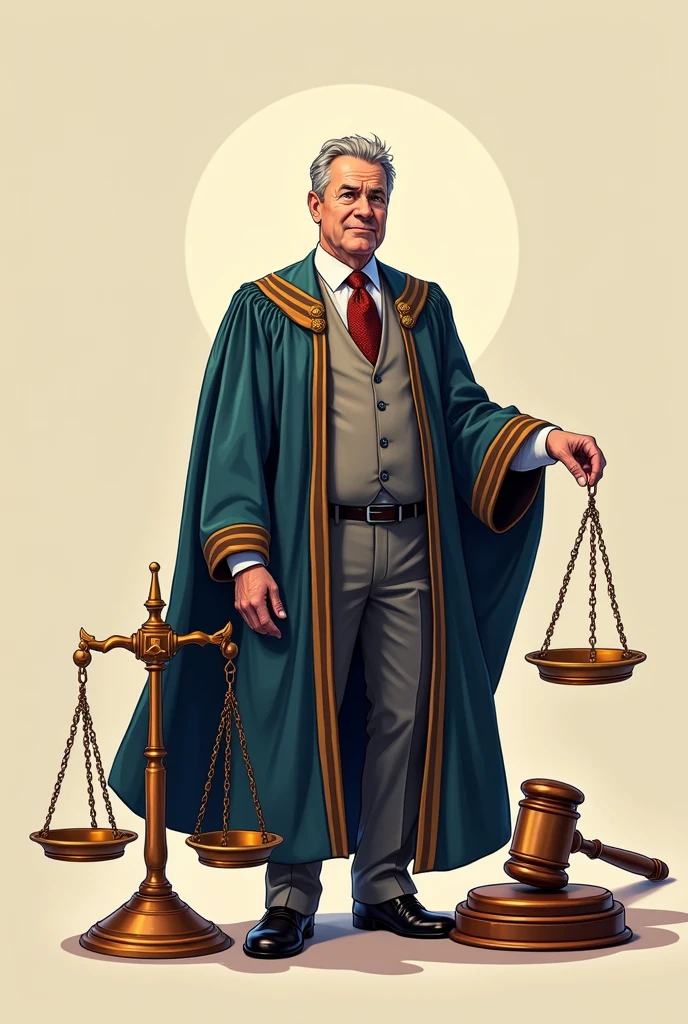 A mor detail man wearing his full of graduation gown Takes up the half of the design area, next to her are the big scales of justice and the hammer, a large two-dimensional drawing.cartoon drawing more details
