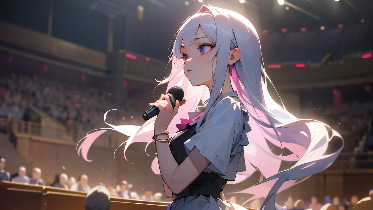 ((masterpiece)), Highest quality, (8k, Highest quality, masterpiece: 1.2), Very detailed, Inside the concert hall、1 female、platinum silver hair、Long Hair、Purple blouse shirt（Short sleeve）、bracelet、Pink Lips、Big eyes、Double eyelids、Beauty、Beautiful Eyes、singer、Mid-chest、stage、Spot Light、Gorgeous lighting、Singing earnestly、A pleading voice、Highest quality、最高masterpiece、Extremely detailed、Upper body composition、Front angle、singing、Serious expression、
