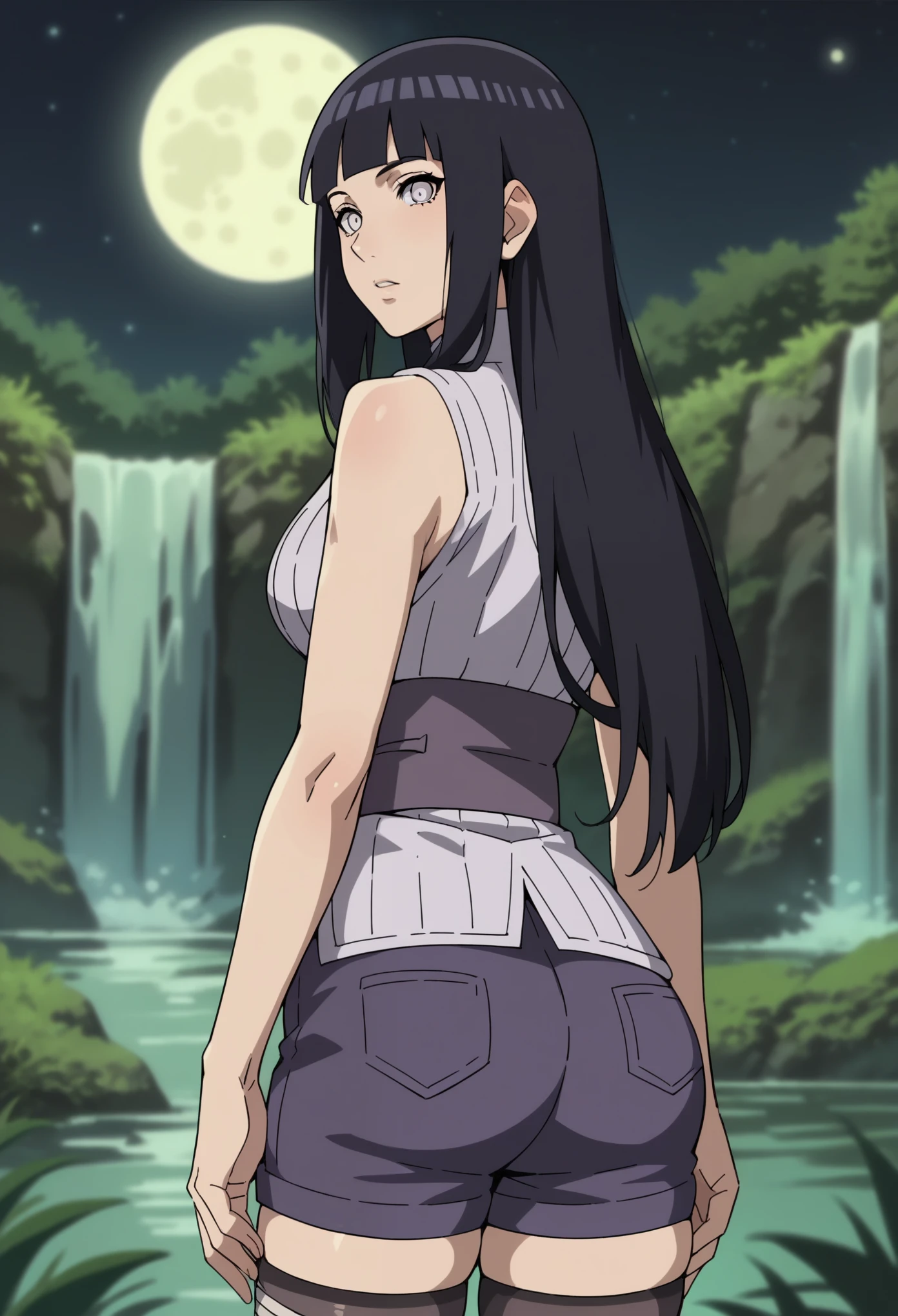 score_9, score_8_up, score_7_up, BREAK, score_9, hinata_the1, black hair, long hair, pearl eyes, white eyes, bandages, ribbed shirt, sleeveless, purple shorts, black thighhighs, looking at viewer, cowboy shot, ass, from behind, night, full moon, waterfall