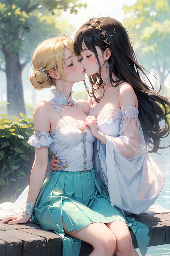 (8 (8k, Highest quality, masterpiece:1.2),cute,cute***たち,Couple girls,2 people，お腹にkissをする，mesugaki,Fantasy_world,kiss,Open-air bath，Interact&#39;chest，Gentle caress，Heavy breathing， splattered on face，お腹にディープkiss，Starry Sky，night， Runs down the thigh