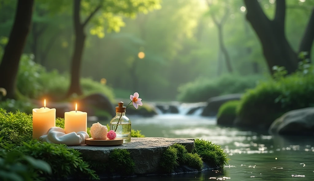 A minimalist Japanese style scene,There is a gurgling stream.Stone platform covered with ferns located deep in the tranquil forest bokeh background、Light two scented candles,Rose、White silk scarf、SPA energy crystals of various colors、Exquisite transparent SPA essential oil in glass bottle,Create a fresh、Bright、Relaxing and comfortable atmosphere,Evoking a sense of tranquility and simplicity。A peaceful aura or meditative state has a warm and pure atmosphere
