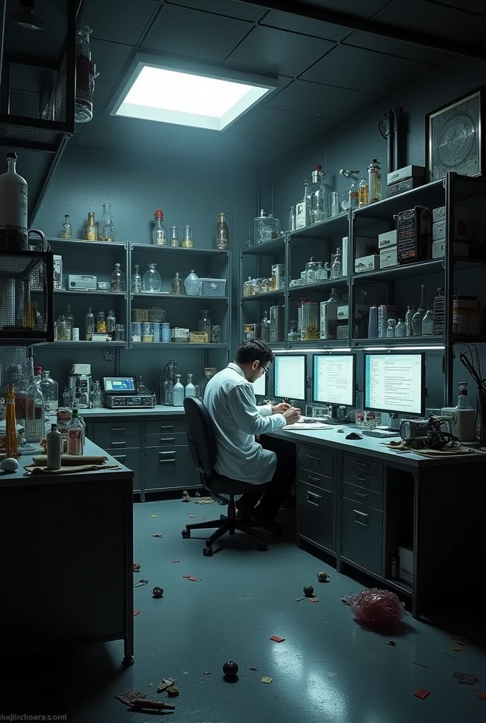 A secret laboratory room with black and white color