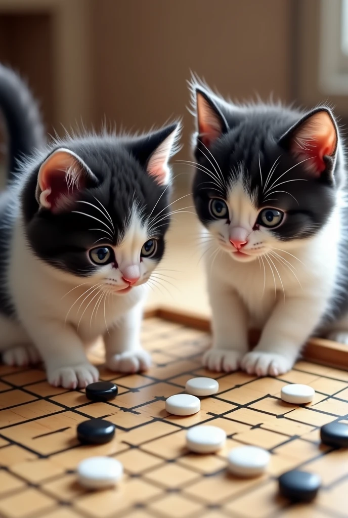 Two cute white and black kittens、Big Head、Playing Go with white and black stones、A heated battle、