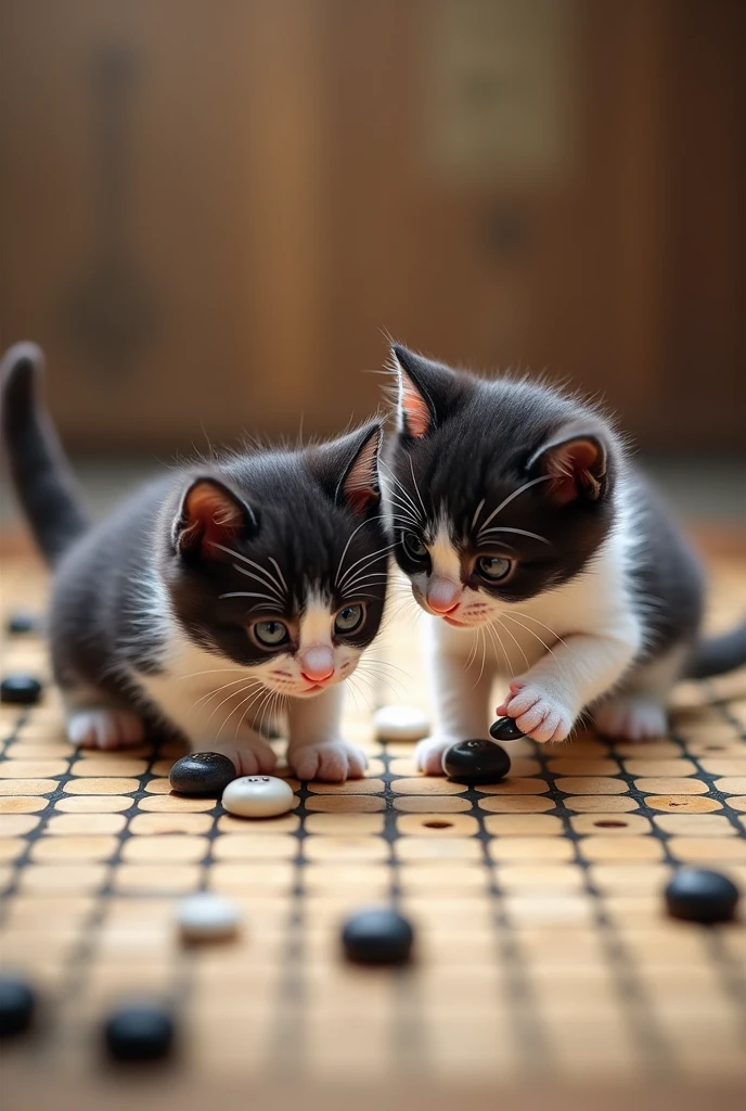 Two cute white and black kittens、Big Head、Playing Go with white and black stones、A heated battle、