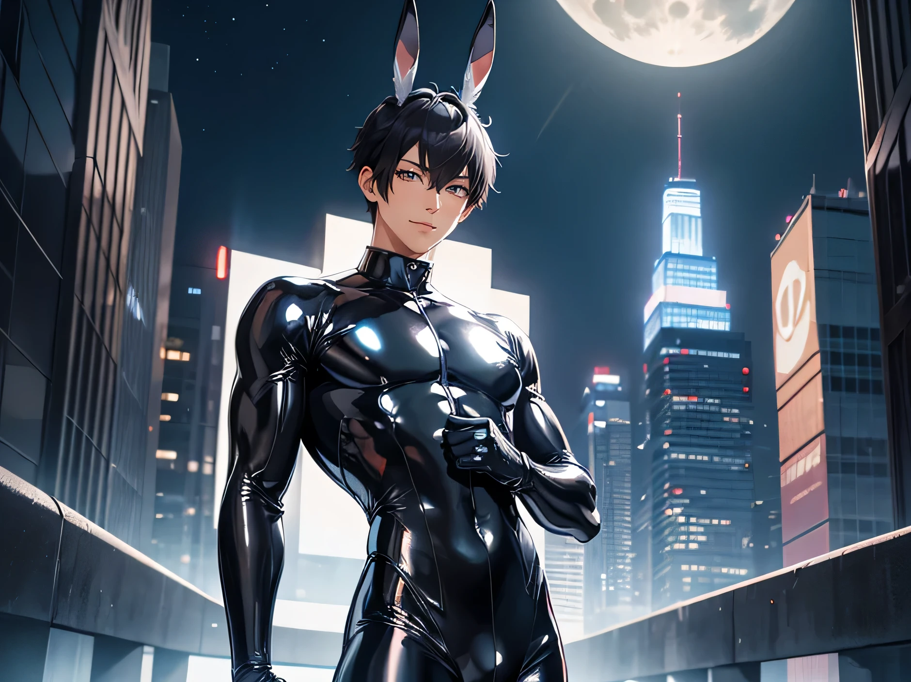 Japanese　　Handsome model　Fierce　　2　male　　smile　　　Black Hair　　Short cut　Short hair　　　looking at the camera　　　　　Shiny full-body silver suit　Mega Bulge　　Shiny silver latex suit　　looking at the camera　future world　 　　Full moon in the background　　　Bunny ears　Face close-up