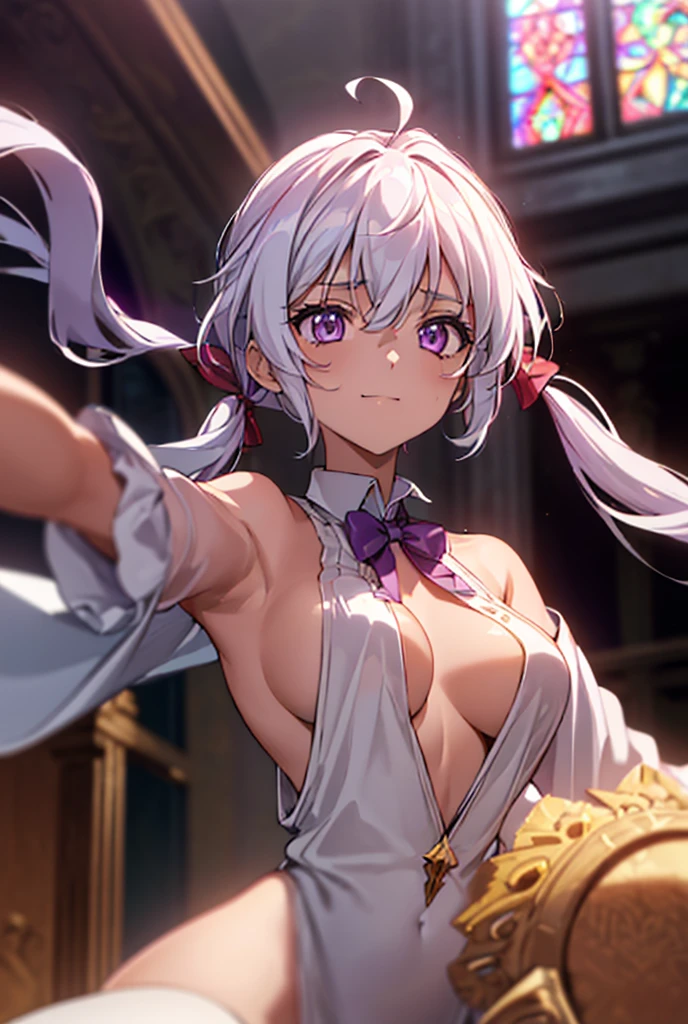 ((masterpiece)), ((Best quality)), (high resolution), (illustration), (an extremely delicate and beautiful), (ultra detailed beautiful face and eyes), nsfw,   1girl, leaning forward,  YukineChris, long hair, purple eyes, twintails, low twintails, ahoge, large breasts,  fishnet pantyhose, red a bow tie,  volumetric lightning, detailed skin texture, detailed, volumetric shadow, anime screencap,Highest quality, Sorceress, ancient lonian nobility, ((tan skin:1.2)), (brown skin color),Long hair, twin braids, hair ornament, wine colored hair, smile, Below average size breasts, bare shoulders, (underboob:0Nudes、Your clothes are torn、Are sleeping、Spread legs 8K, masterpiece, Best_quality, high_resolution, ultra_details, detailed, 1girl, 独奏, long_hair, looking_at_viewer, upper_body, indoors, braid, blurry, bangs, shirt, white_hair, blurry_background, collared_shirt, closed_mouth, church, hair_ribbon, hair_between_eyes, stained_Glass, Blue_ribbon, sidelocks, depth_of_field, light_particles, window, french_braid, Alphonse Mucha Style, sharp focus, perfect hands, perfect face, perfect eyes, perfect light, dynamic light, natural light, Masterpiece, Best quality, 