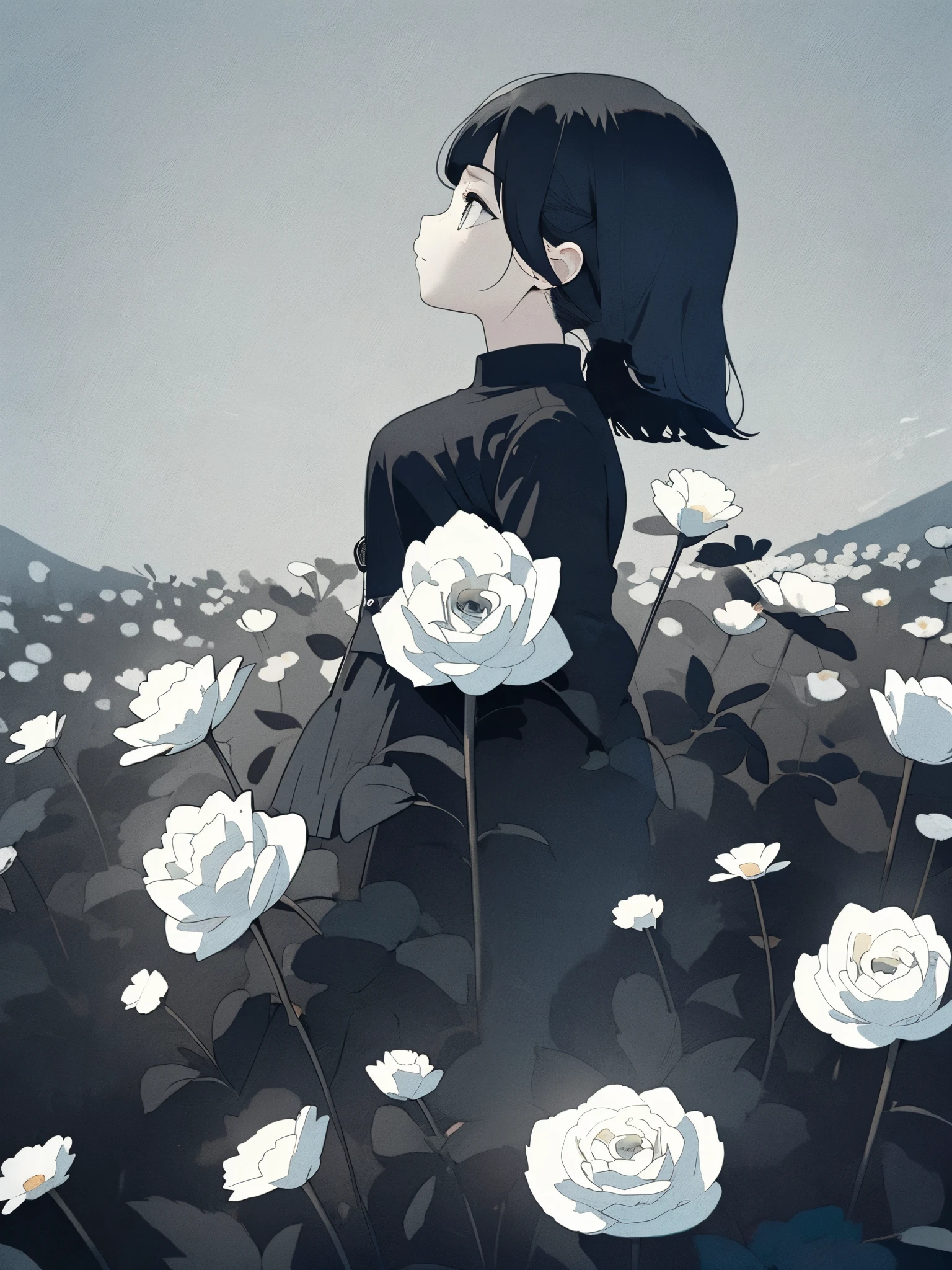 Highest quality、Creepyなイラスト、Very detailed、Monochrome detailed woman standing in a vibrant flower field、Beautiful woman、Expressionless、Creepy、wonder
