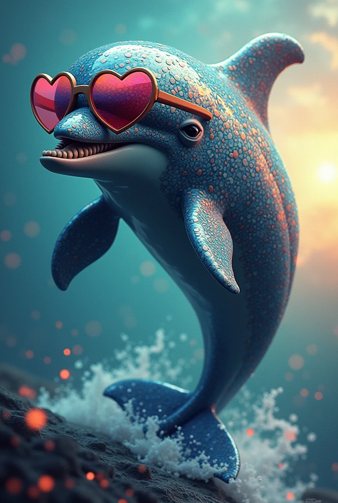 A dolphin with bright and vibrant colors and heart glasses, but with a masculine touch
