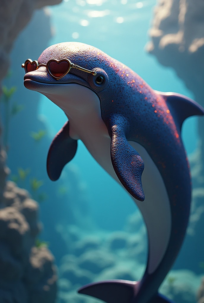 A dolphin with bright and vibrant colors and heart glasses, but with a masculine touch