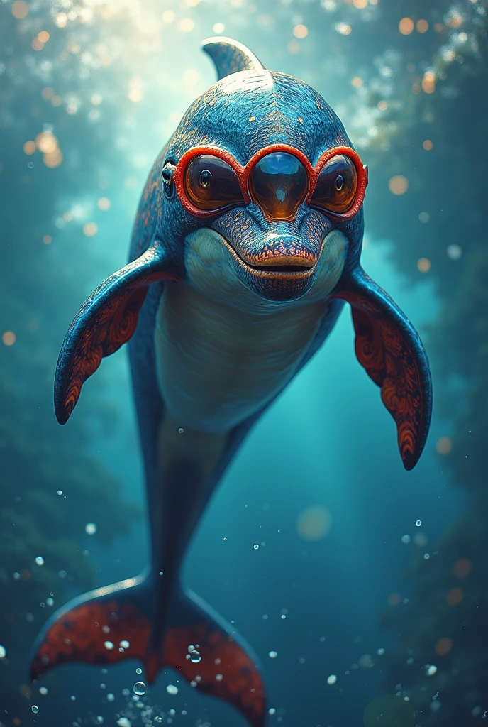 A dolphin with bright and vibrant colors and heart glasses, but with a masculine touch