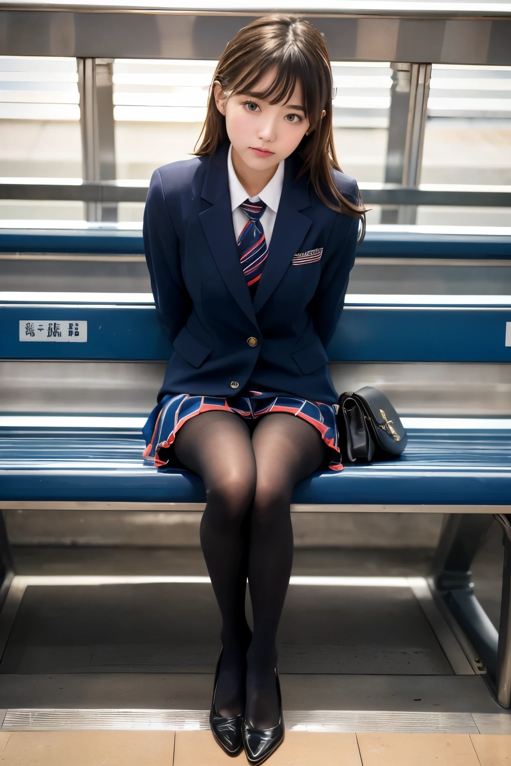 ((Highest quality)), ((masterpiece)), (Familiar), A high school girl sitting on a bench at a station on her way to school、Ignoring the audience、Navy Blazer、mini skirt、(Ultra-realistic pantyhose:1.3)、Voyeur、(Shooting from directly below)、Focus on legs wearing pantyhose、Station Escalator、