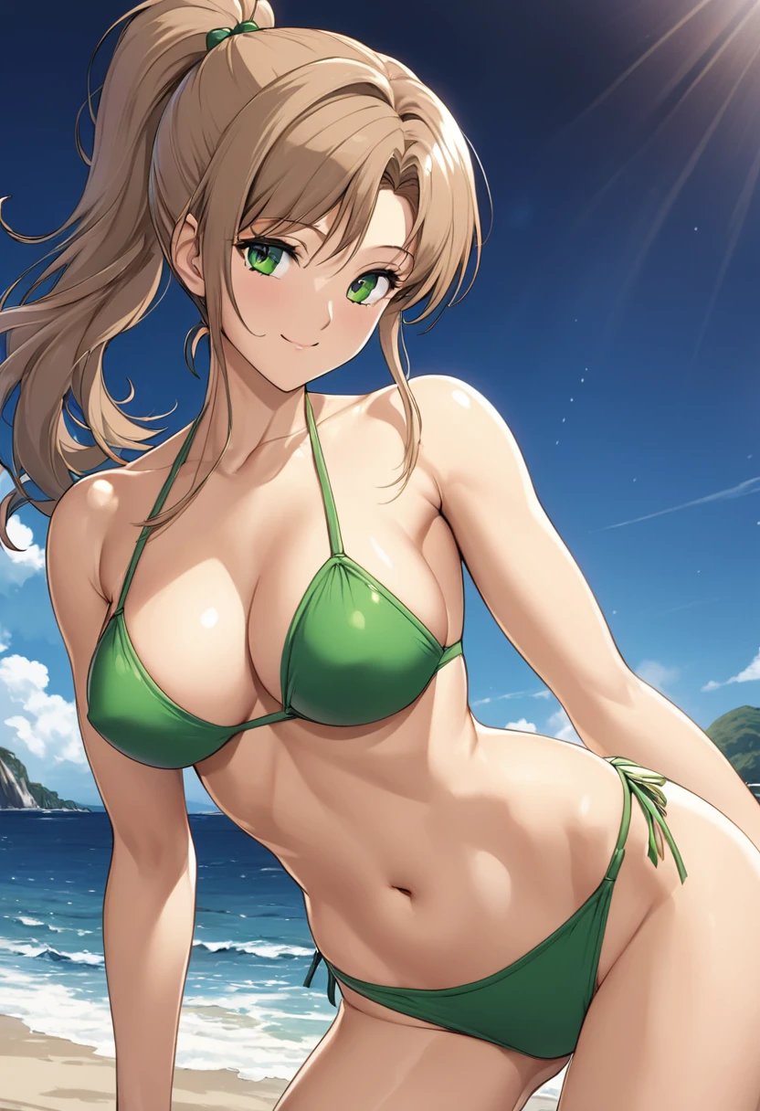 Highest quality, Great quality, 16K, Unbelievably absurd, Very detailed, 2.5D, delicate and dynamic, (Makoto Kino),blue sky, Small face, Very delicate look, Delicate eye depiction, Very Fine Hair, erotic, sexyな女性, Healthy body shape, Swimwear,Green Bikini、smile, height: 175cm, Light brown long hair,ponytail、 sexyな長い脚, Abdominal muscles,Glowing Skin, The background is the sea ,1990s \(style\),、(E-cup beautiful breasts)、Muscular、sexy,Cinema Lighting, (完璧なGlowing Skin:0.6),Always high quality CG Unity 8K wallpapers