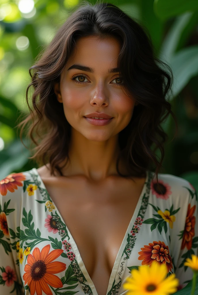 A Brazilian woman in a lush tropical garden, wearing an open shirt with a floral print, with a close-up capturing the harmonious beauty between her breasts and the natural flowers, showing off your natural charm and outgoing personality.