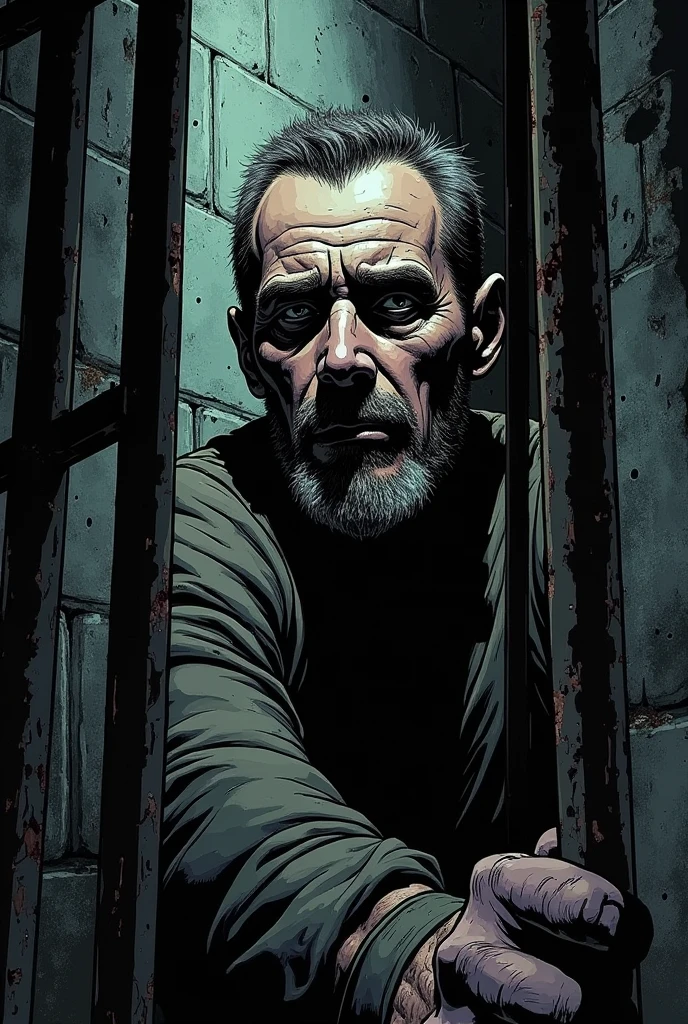 Create a comic book page image of a man in a dark and ugly prison