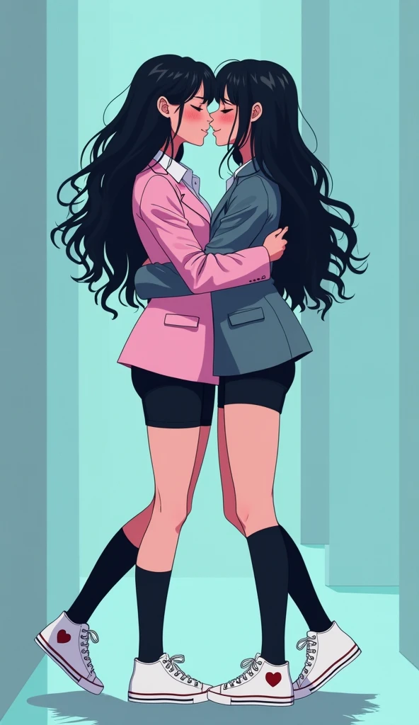 Two girls, long black hairs, yuri, lesbian
The first girl wear a pink suit jacket, white shirt, black pencil skirt, black underpants, long black socks, white sneakers high top.
The second girl wore a grey suit jacket, white shirt, black pencil skirt, black underpants, long black socks, white sneakers high top.
french kiss, lesbian kiss, hugging, sensual body, closed eyes, light blue room, novel cartoon, 4K, HD