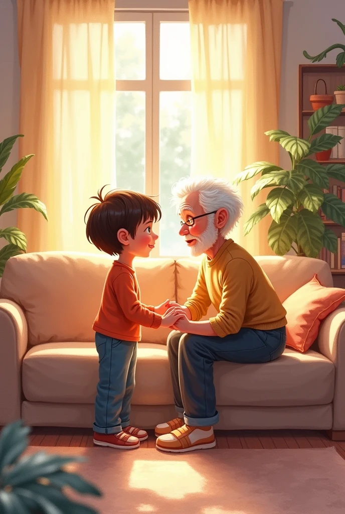 A watercolor painting of a child helping an elderly grandparent, with a tender expression, vibrant yet soft colors, and gentle lighting. The background shows a warm living room setting with soft cushions and a window letting in golden light. Elements like potted plants and books add to the homey feel. Created Using: layered watercolor washes, detailed character expressions, diffused lighting, soft textures, loose brush strokes, homely decor, serene mood, hd quality, natural look --ar 4:5 --v 6.0
