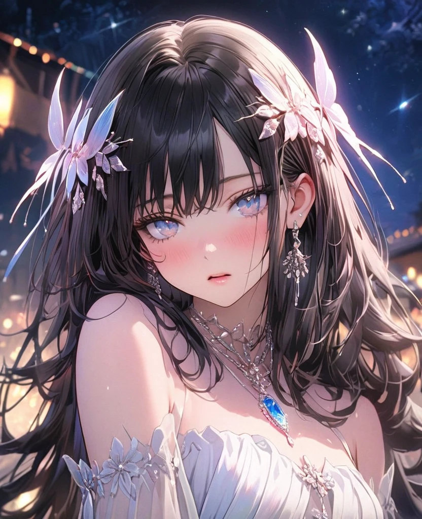 8k,Ephemeral beauty,Very delicate and beautiful,Beautiful and realistic skin,Hair that shines like a jewel,Black Hair、Long and colorful hair,Beautiful Eyes,good,Beautiful night sky、shy、black adult clothes、