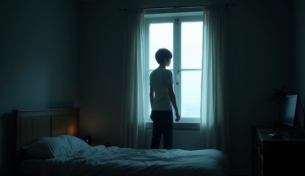 (best quality, masterpiece, ultra detailed), place: Hero's room video: The protagonist gets up from the bed、Staring out the window。The room is dimly lit、A little bit of outside light is shining in.。To express a sense of emptiness、The room is simple and has few things.。