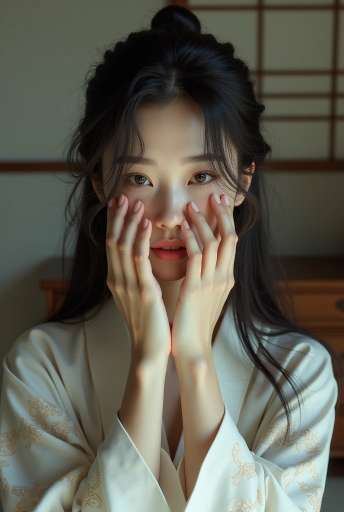 Mouth、Beautiful Japanese woman hiding with her hands