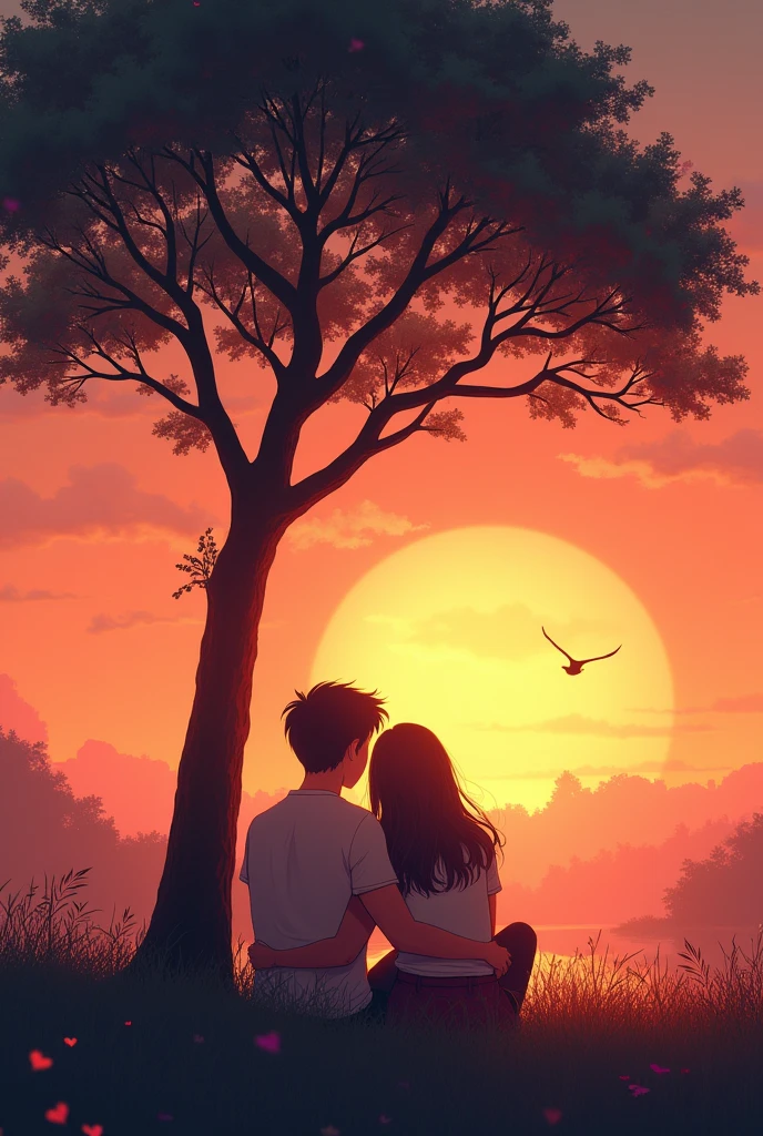 Design a image for video which can be seen by for 5 minutes where one boy and girl sitting are setting near a tree while watching beautiful sunset that captures the essence of a heartfelt love song The image should feature a soft, romantic scene with warm tones, like a couple embracing or a serene sunset. Include the song title in elegant, easy-to-read text, positioned to stand out without overwhelming the image. The overall design should evoke deep emotion and love, drawing viewers in to click and listen. make image size of youtube video,image ratio 16:9