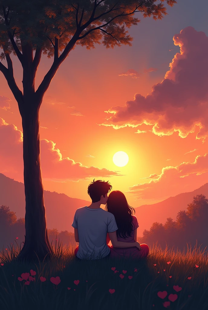 Design a image for video which can be seen by for 5 minutes where one boy and girl sitting are setting near a tree while watching beautiful sunset that captures the essence of a heartfelt love song The image should feature a soft, romantic scene with warm tones, like a couple embracing or a serene sunset. Include the song title in elegant, easy-to-read text, positioned to stand out without overwhelming the image. The overall design should evoke deep emotion and love, drawing viewers in to click and listen. make image size of youtube video,image ratio 16:9