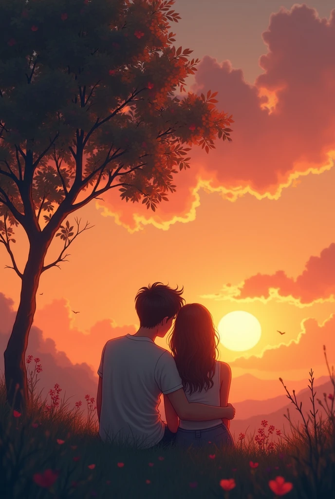 Design a image for video which can be seen by for 5 minutes where one boy and girl sitting are setting near a tree while watching beautiful sunset that captures the essence of a heartfelt love song The image should feature a soft, romantic scene with warm tones, like a couple embracing or a serene sunset. Include the song title in elegant, easy-to-read text, positioned to stand out without overwhelming the image. The overall design should evoke deep emotion and love, drawing viewers in to click and listen. make image size of youtube video,image ratio 16:9
