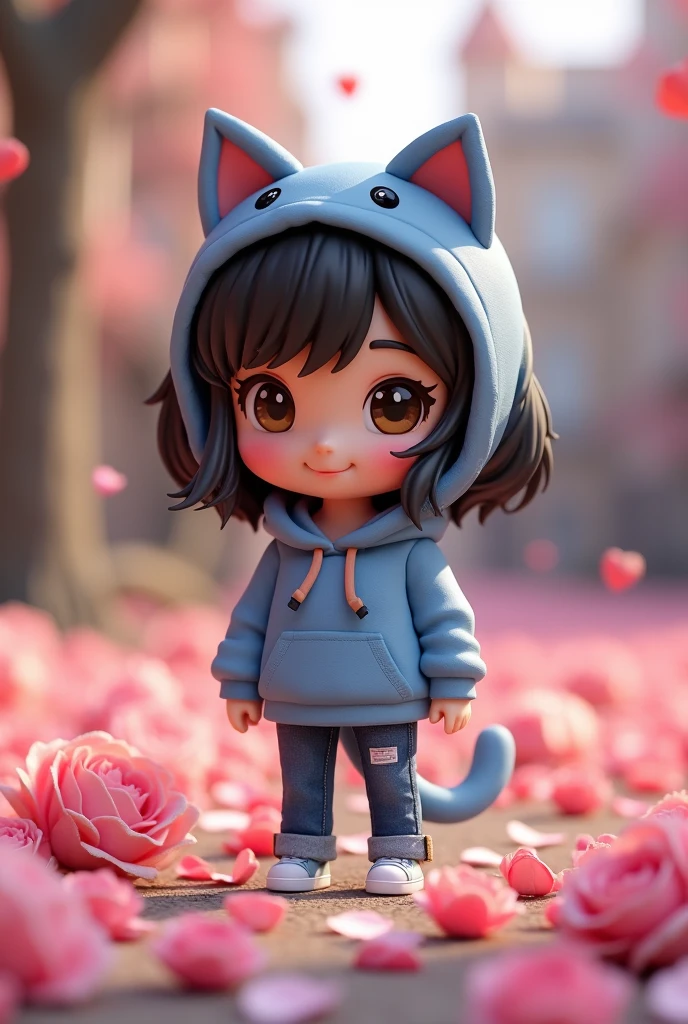 masterpiece、top-quality、ultra-detailliert、(Chibi, female, 29 yrs old, black hair, brown eyes, Rose Flower Carpet,A smile,Full-body standing figure,Glitter, wearing a blue hoodie with cat ears and jeans,Pixar style super cute, standing, charming big eyes, cute tail, surreal, super fine, super detailed, illusory engine, 8k, Smile face. Blind box figures.