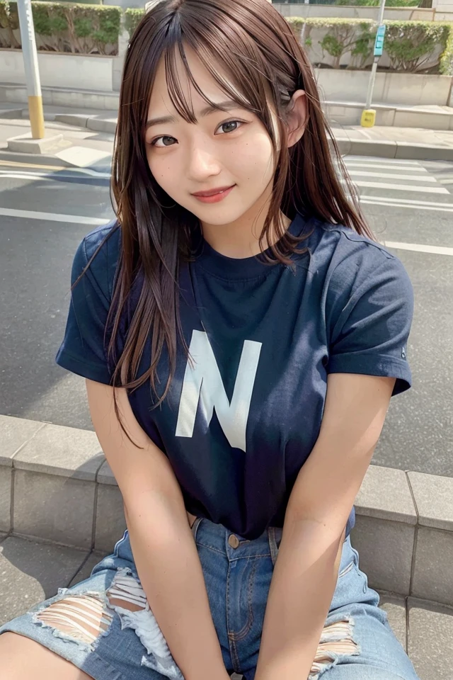 (skin blemish:0.8), (skindentation), black eye, 1woman, 25yo, (((woman))), solo, realistic, best quality, photorealistic, masterpiece, 8k, high res, solo, extremely detailed face, (professional lighting, bokeh), (light particles, lens flare, glowing particles:0.6), (dynamic pose:0.8), soft lighting, top angle view, fashionable and trendy atmosphere, Japan, tokyo, playground, street, city, shop, river, ((daytime)), sky, ((looking at the viewer:1)), (looking at the camera),(portrait:0.6), cowboy shot, gorgeous, sitting, hands down, keep original facial proportion, wide shoulder, full body, (medium ), (long hair), brown hair, floating hair, lips, lipstick, seductive smile, floating hair, smile, open_mouth, teeth, T-shirt, round neck T shirt, shorts, jeans, eyelashes, mole, (mole under eye:1),   