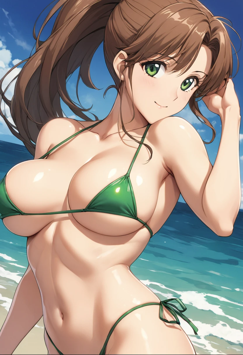 (((Satono Diamond,umamusume,horse ears, Uma Musume,))) horse tail,Green Ribbon,hair between eyes,brown hair, very long hair, spread hair, french braid,brown eyes, princess cut, white skin, shiny skin, gleaming skin, glistening skin, glamorous, teenager, huge breasts, (((micro bikini,)))  (((Ocean,))) wariza, (((Wet,))) blush, anguish, Oil, (((((humid,))))) (lying, on back,) (afterglow,) blush, open mouth,